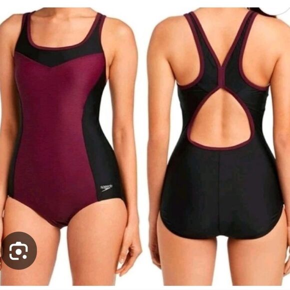 Speedo Women's One-Piece Swimsuit in Black and Dark Red - Picture 1 of 6
